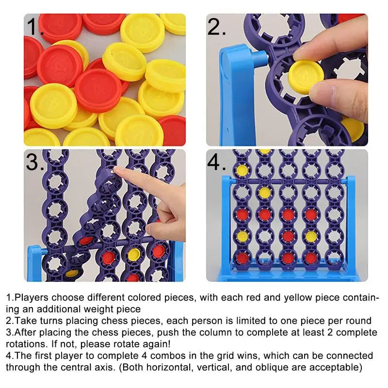 Four-step guide showing colored discs, disc placement, column rotation, and a completed line.