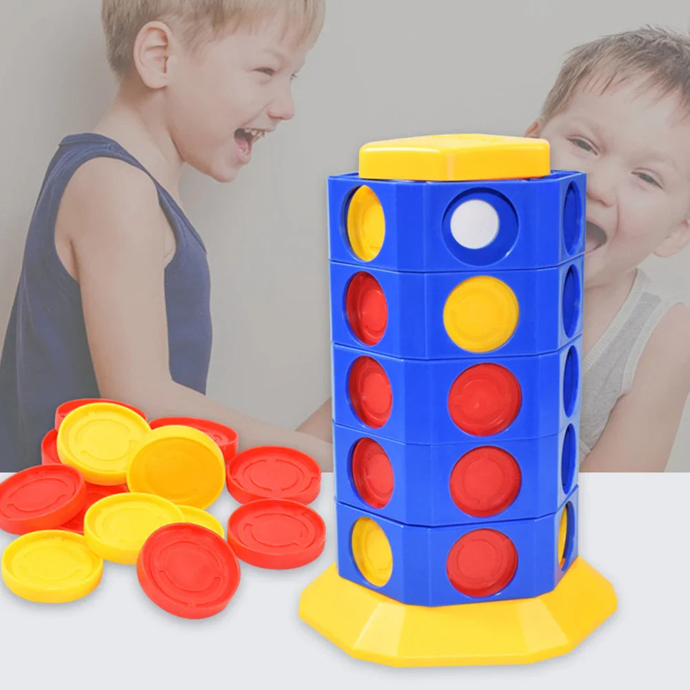 Blue four-in-a-row tower with a yellow top and base, red and yellow counters, and two children behind it.