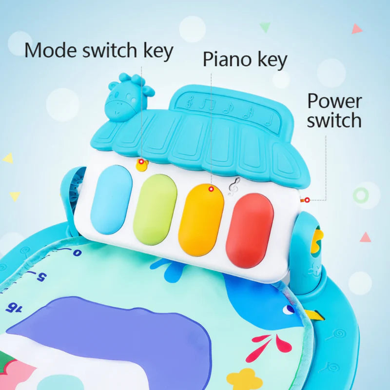 Four colorful piano keys with labeled mode and power controls on a blue baby play gym