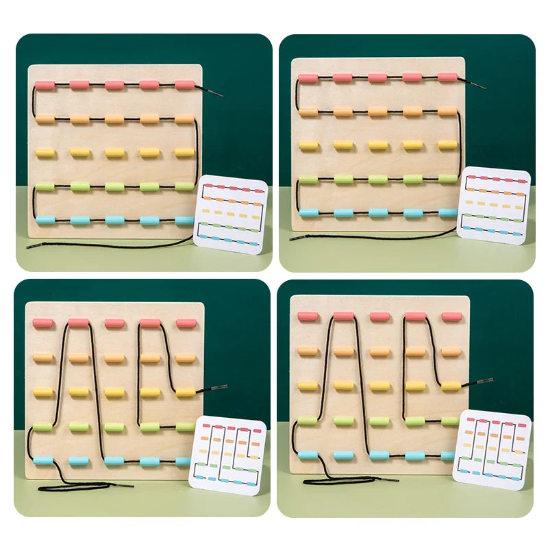 Four cord arrangements on a wooden lacing board, each shown with a matching pattern card.