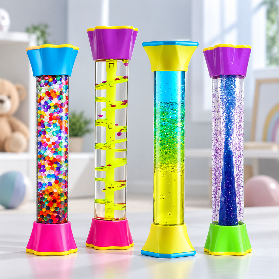Four liquid sensory tube styles with beads, a spiral track, glitter and colored liquid