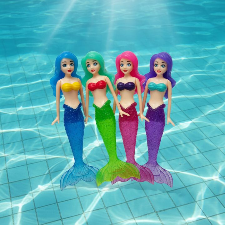 Four mermaid diving figures with blue, green, pink and purple tails