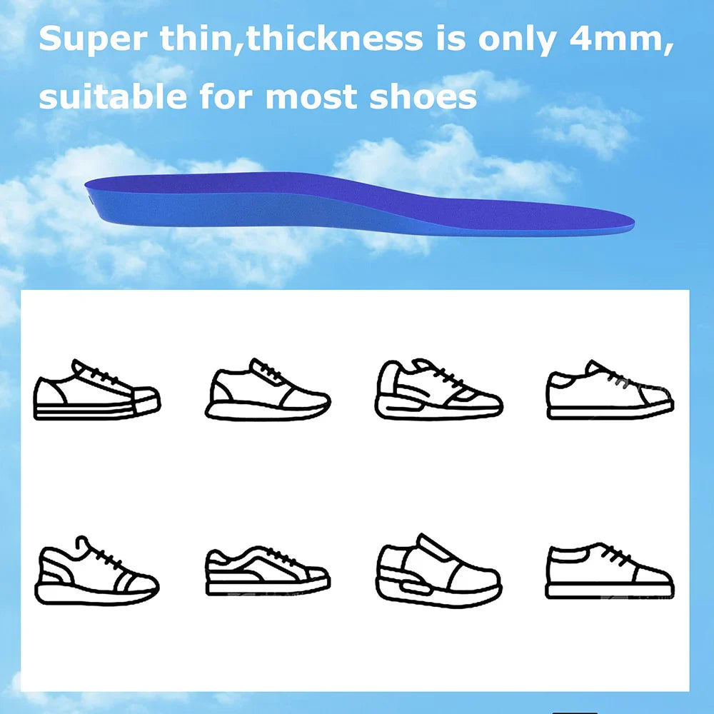 Side view of a 4 mm blue insole with illustrations of different shoe styles