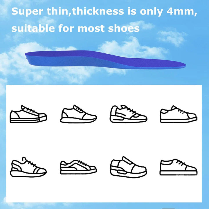 Side view of a 4 mm blue insole with illustrations of different shoe styles