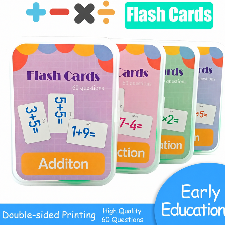 Color-coded cases for addition, subtraction, multiplication, and division flash cards.