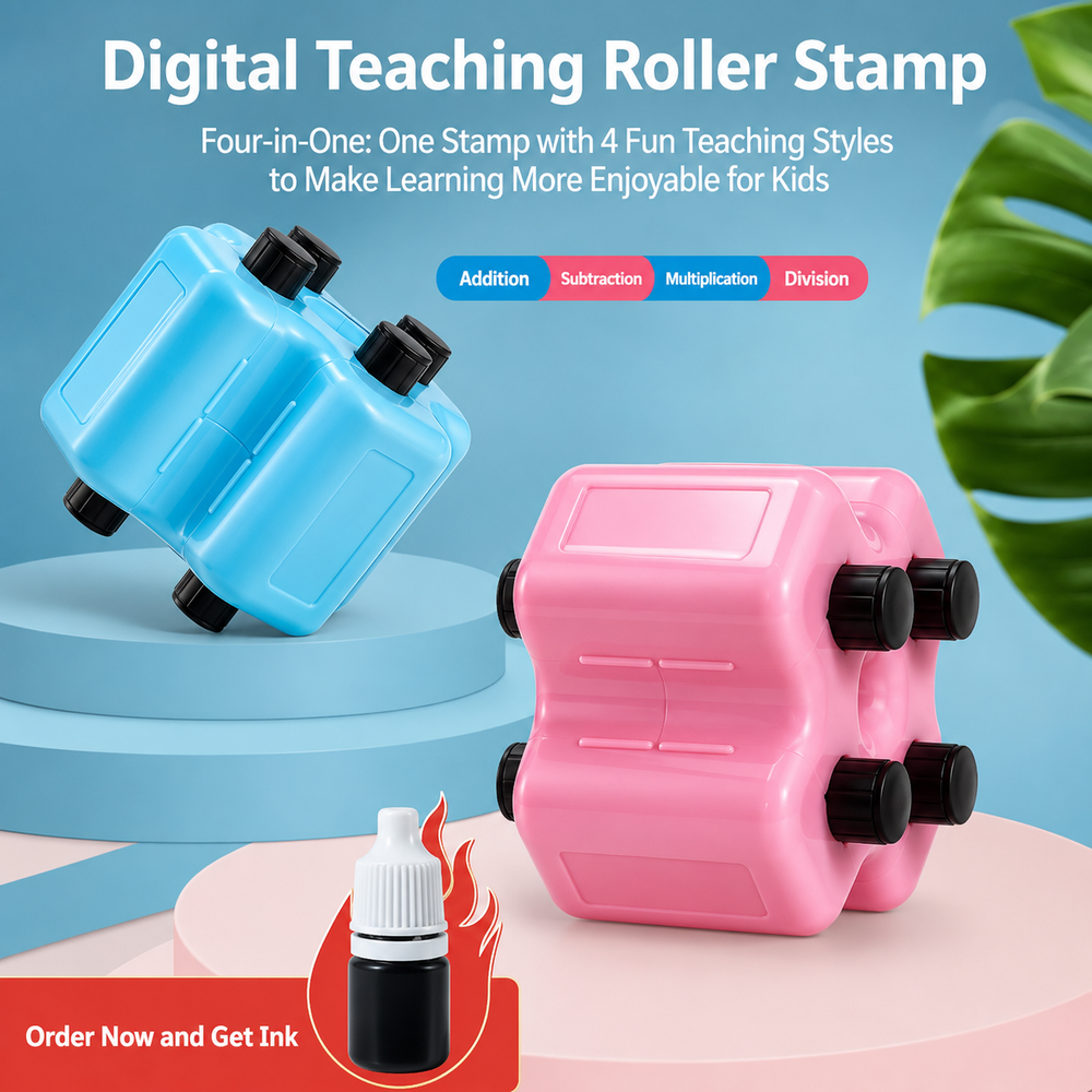Blue and pink math roller stamps with an ink bottle and a four-operation feature overview.