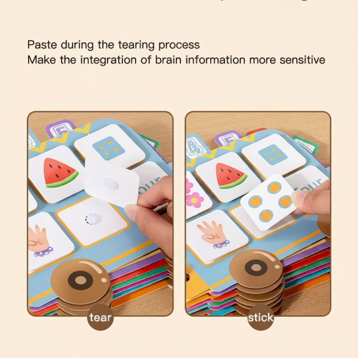 Removable picture tile and circular attachment points on a bus-shaped number page.