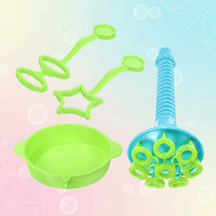 Four-piece blue and green bubble set with the multi-ring head facing forward