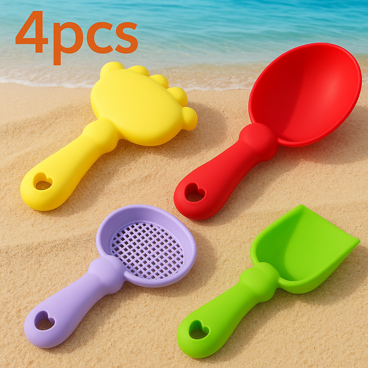 4-piece sand tool set with a yellow rake, red scoop, purple sieve, and green shovel