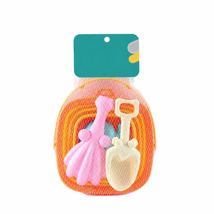 Four-piece Set A with an orange collapsible bucket and pastel sand tools in a mesh bag.