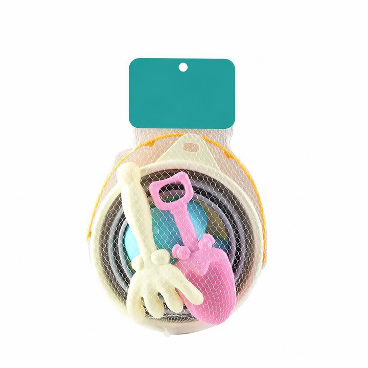 Four-piece Set B with a gray collapsible bucket, cream rake and pink shovel in a mesh bag.