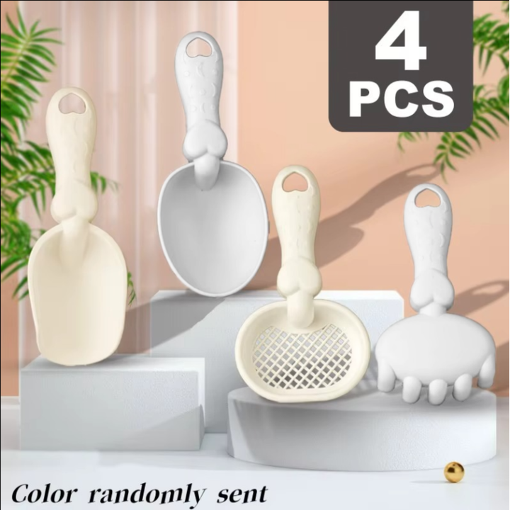 4-piece beach tool set with a shovel, scoop, sieve, and rake