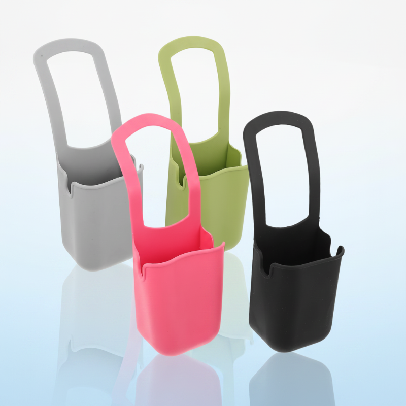 Four silicone cup holders with hanging loops in gray, green, pink, and black.