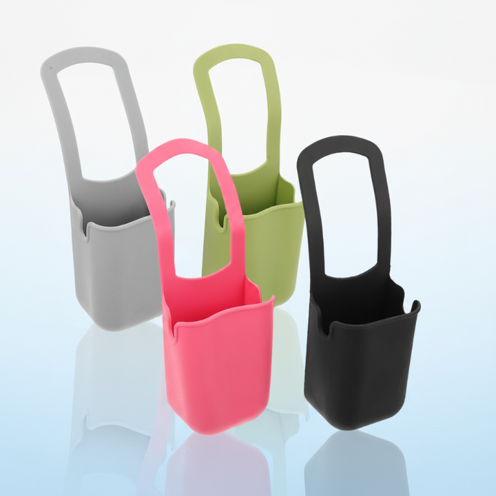 Four silicone cup holders with hanging loops in gray, green, pink, and black.