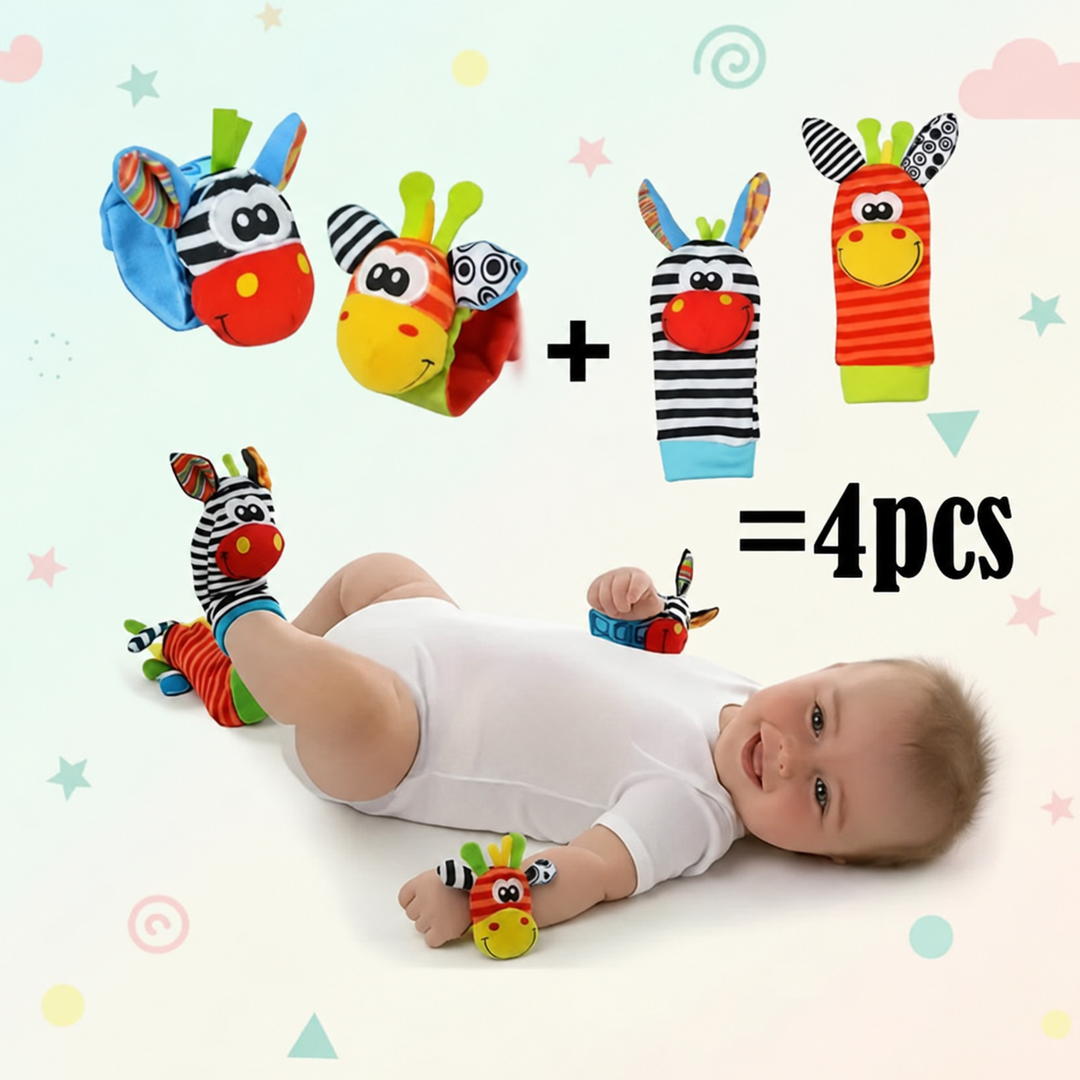 Four-piece baby rattle set with two animal wrist rattles and two striped socks, also shown worn by a baby.