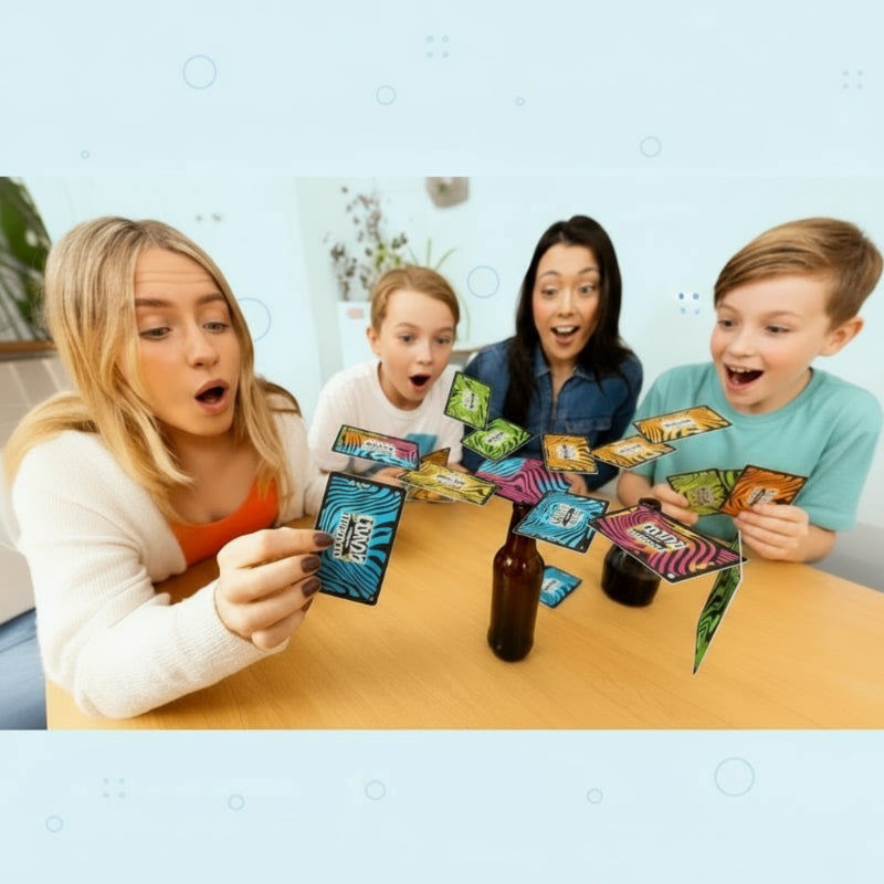 Four players gathered around colorful cards balanced above a bottle