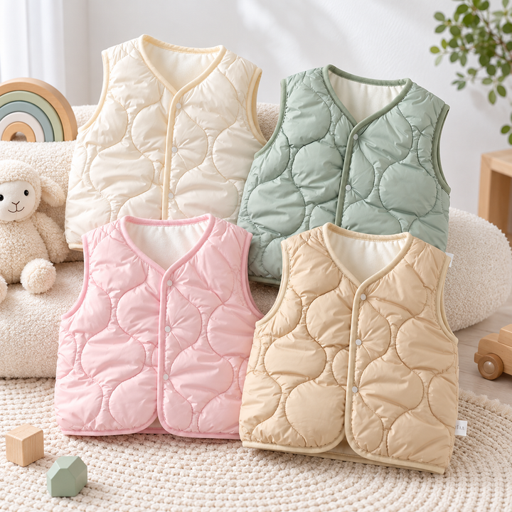 Four quilted baby vests in cream, sage green, pink, and tan displayed beside nursery toys.