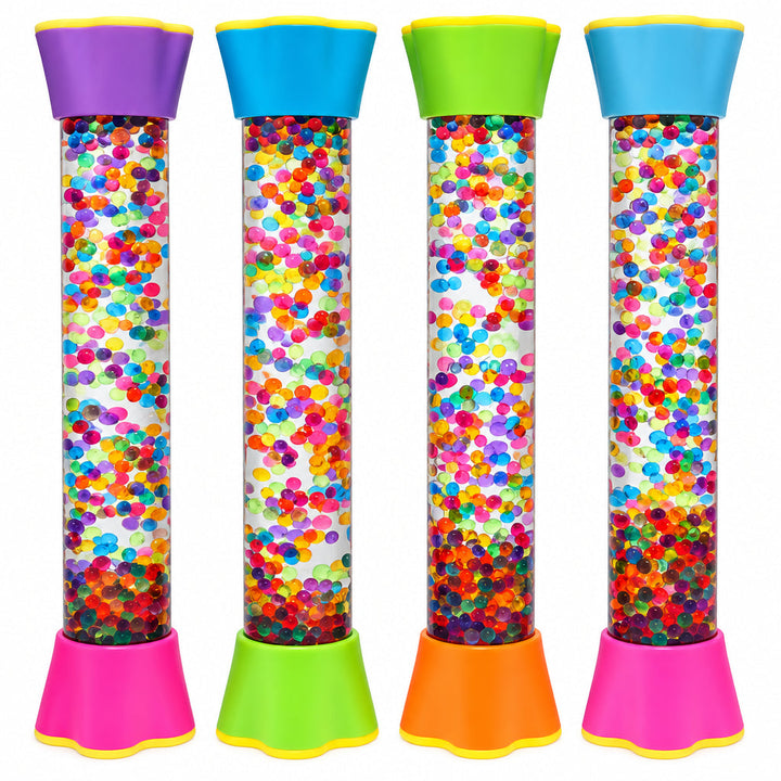 Four sensory tubes filled with multicolored beads and finished with bright caps