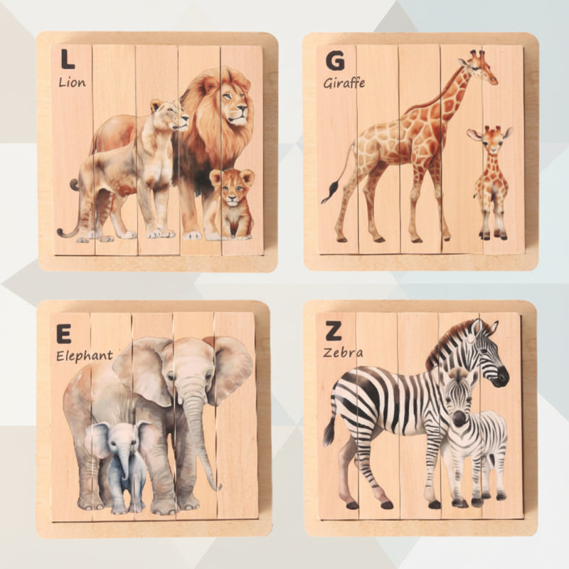 Lion, giraffe, elephant, and zebra pictures formed by wooden puzzle blocks in a tray