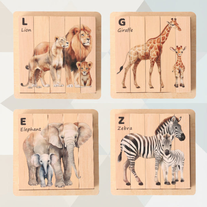 Lion, giraffe, elephant, and zebra pictures formed by wooden puzzle blocks in a tray