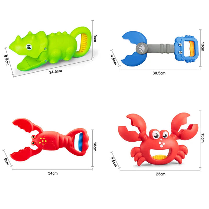 Dimension chart comparing dinosaur, claw, lobster, and crab sand grabbers