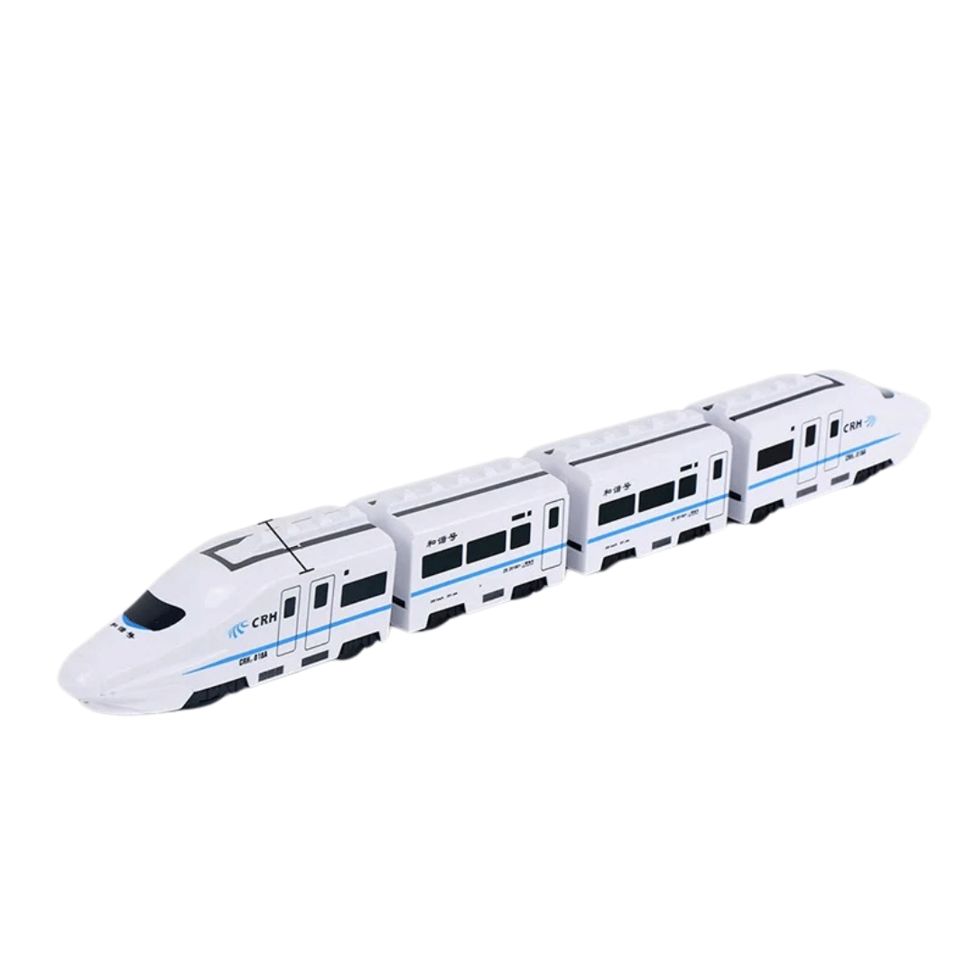 Four-section white toy train with blue trim and black windows