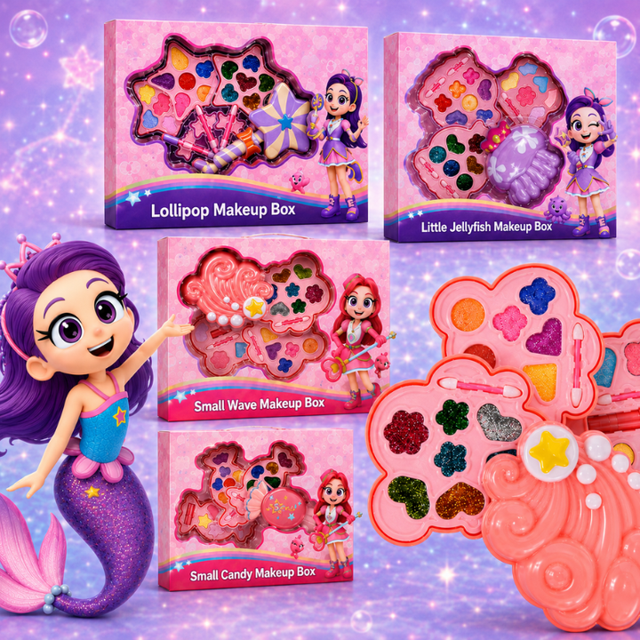 Four makeup case designs: lollipop, jellyfish, wave, and candy
