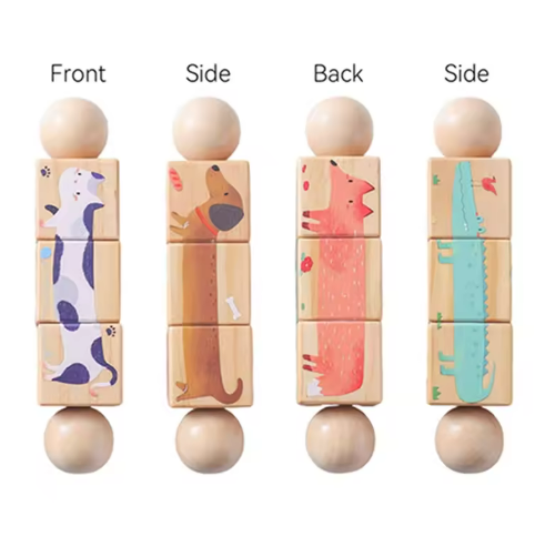 Four sides of a wooden rotating puzzle with different animal illustrations