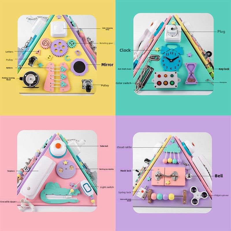 Four views of the busy board pyramid showing the activities on each colorful side