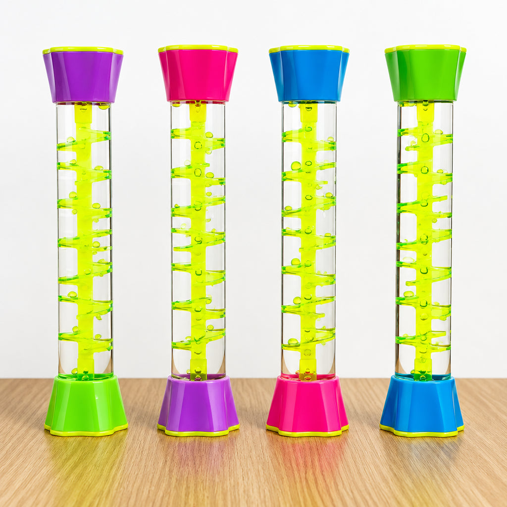 Four clear spiral sensory tubes with yellow tracks and colorful end caps