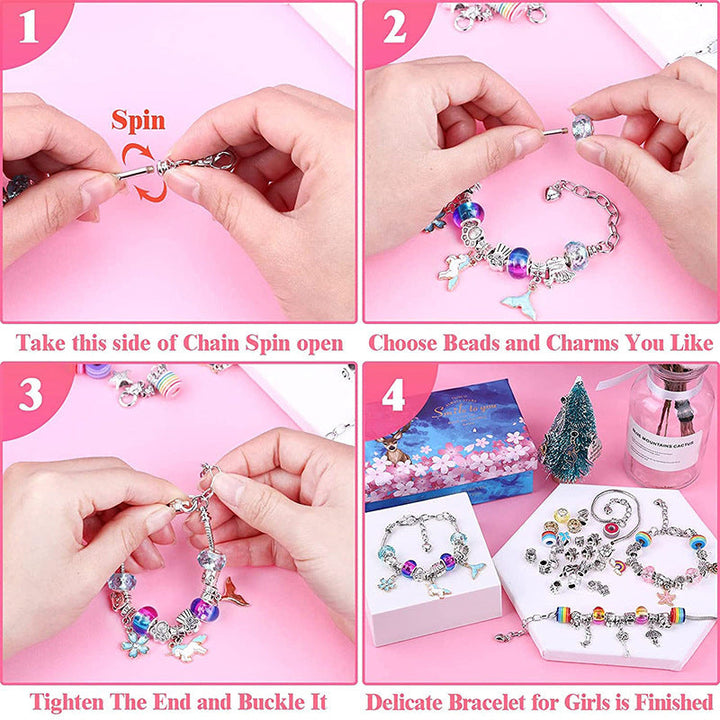 Four-step bracelet assembly guide showing how to open the chain, add beads and charms, and fasten it