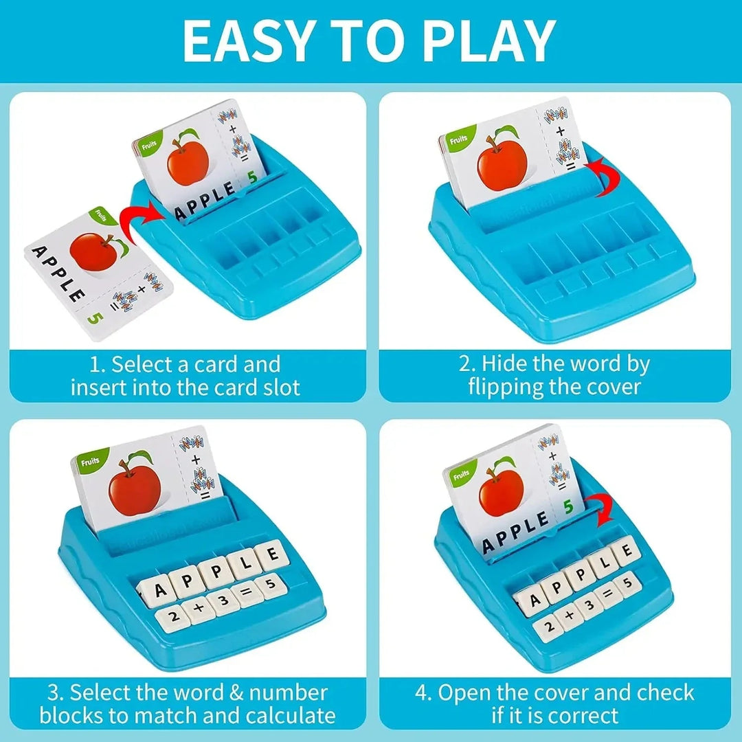 Four steps show how to insert a card, hide the answer, match blocks, and check the result.