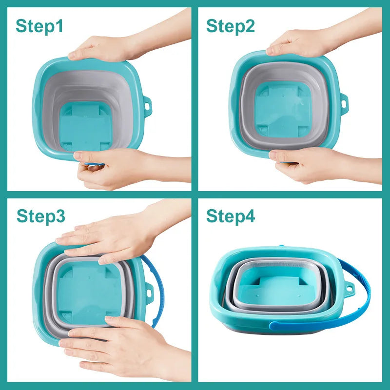 Four steps showing a teal and gray beach bucket being pressed down into its compact, folded shape.
