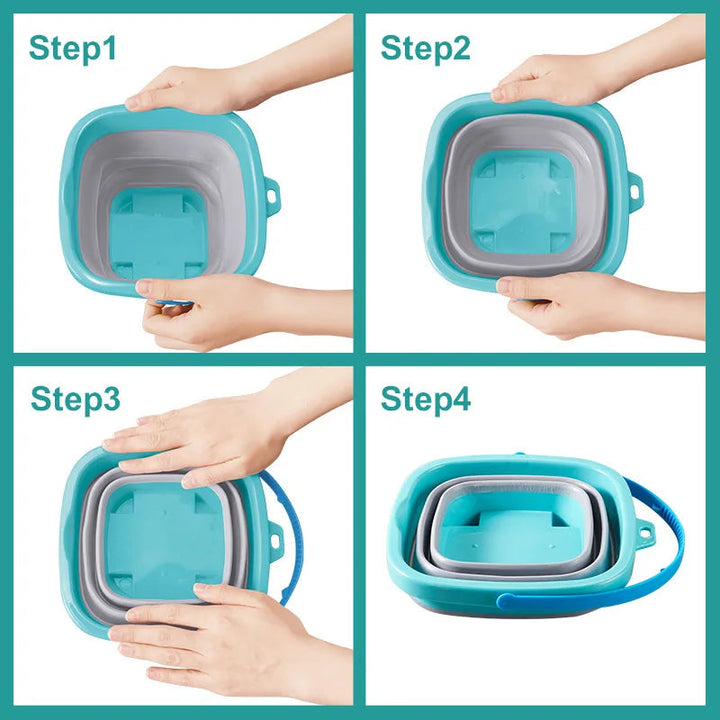 Four steps showing a teal and gray beach bucket being pressed down into its compact, folded shape.