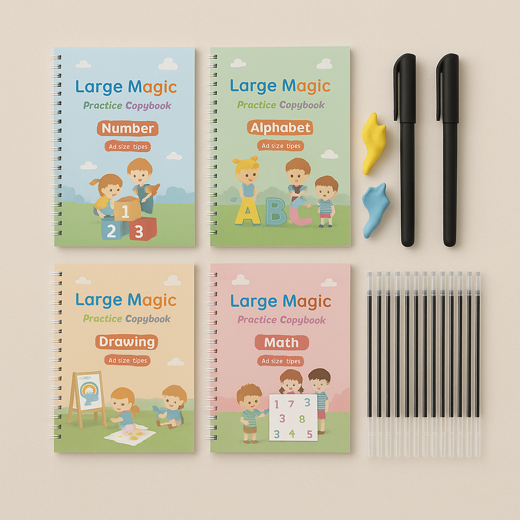 Four spiral-bound workbooks for numbers, letters, drawing, and math with writing tools and grips