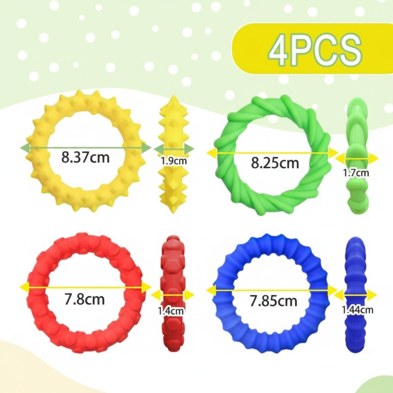 Four textured silicone rings in yellow, green, red, and blue, with diameter and thickness measurements
