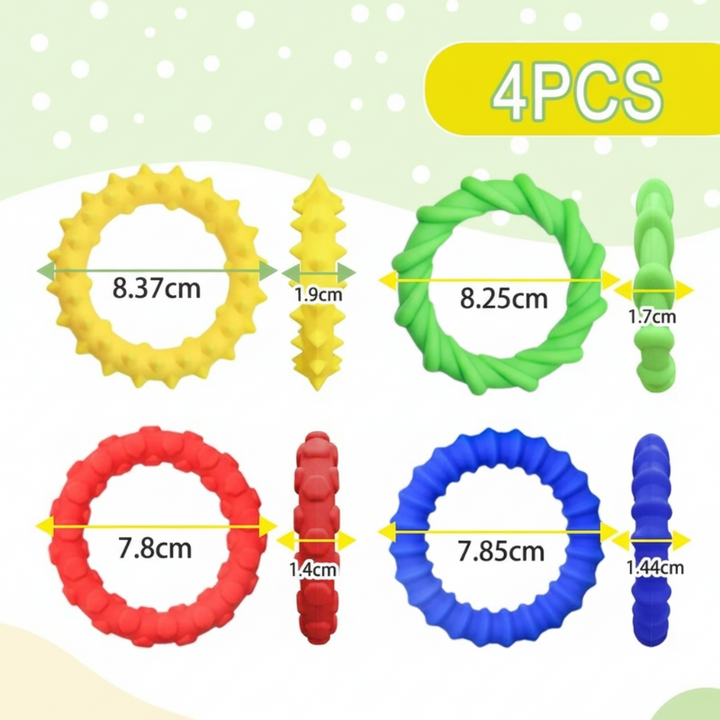 Four textured silicone rings in yellow, green, red, and blue, with diameter and thickness measurements
