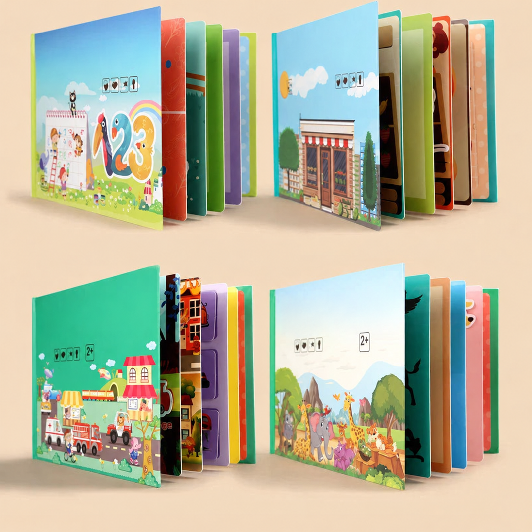 Four learning books featuring number, vegetable, transport, and animal themes