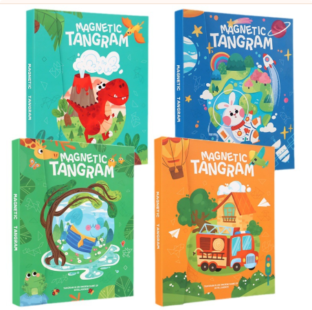 Four closed tangram booklets with dinosaur, space, nature, and vehicle cover designs
