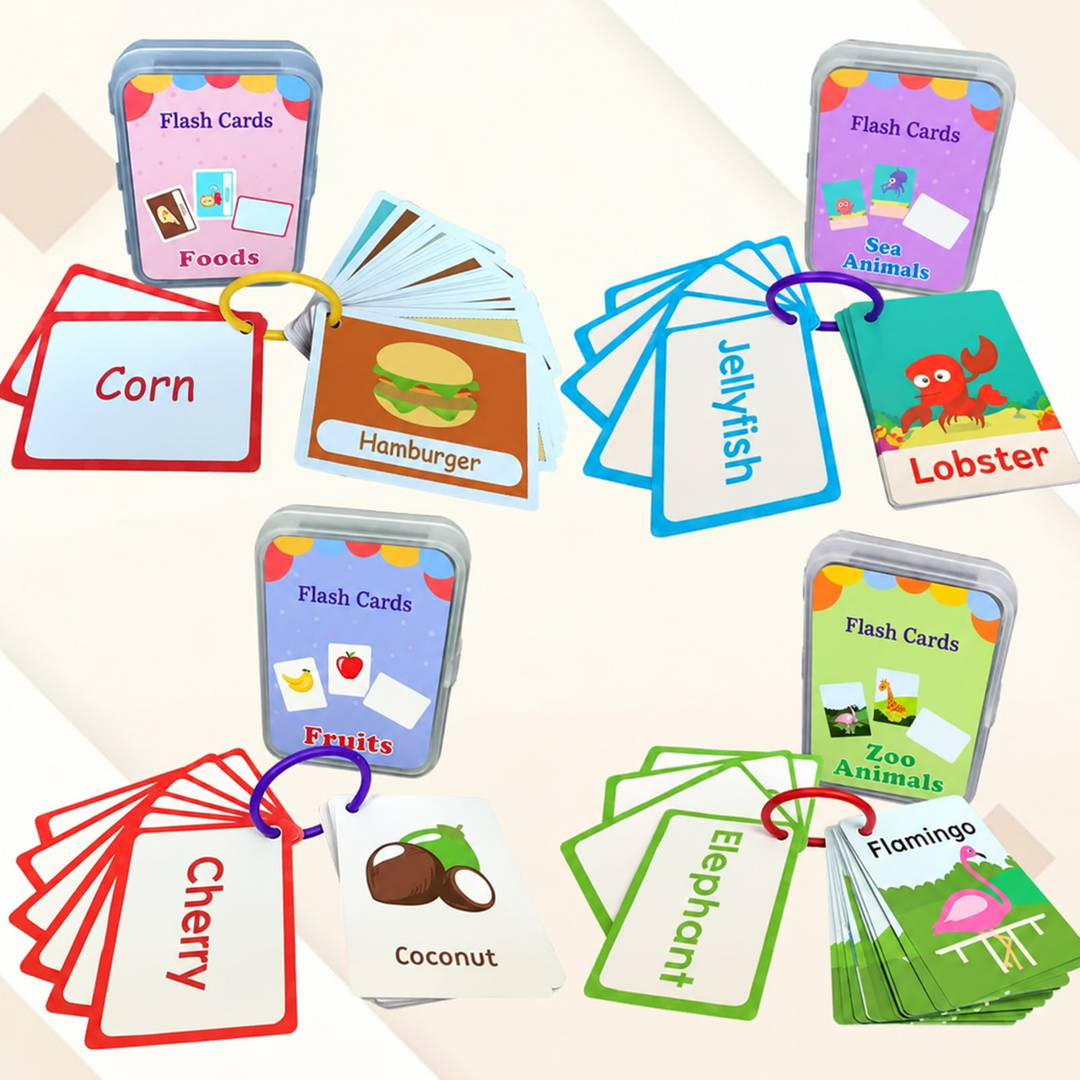 Food, sea animal, fruit, and zoo animal flash card sets with rings and storage cases.