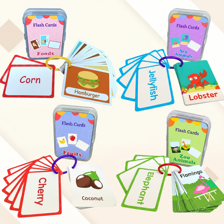 Food, sea animal, fruit, and zoo animal flash card sets with rings and storage cases.