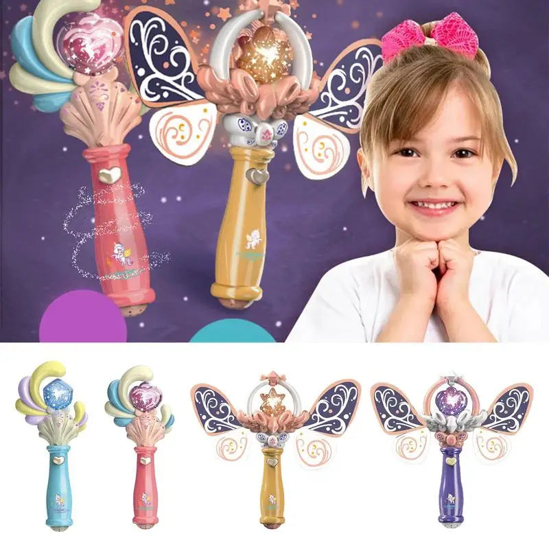 Toy wand designs in pink, blue, purple, and yellow shown beside a smiling child
