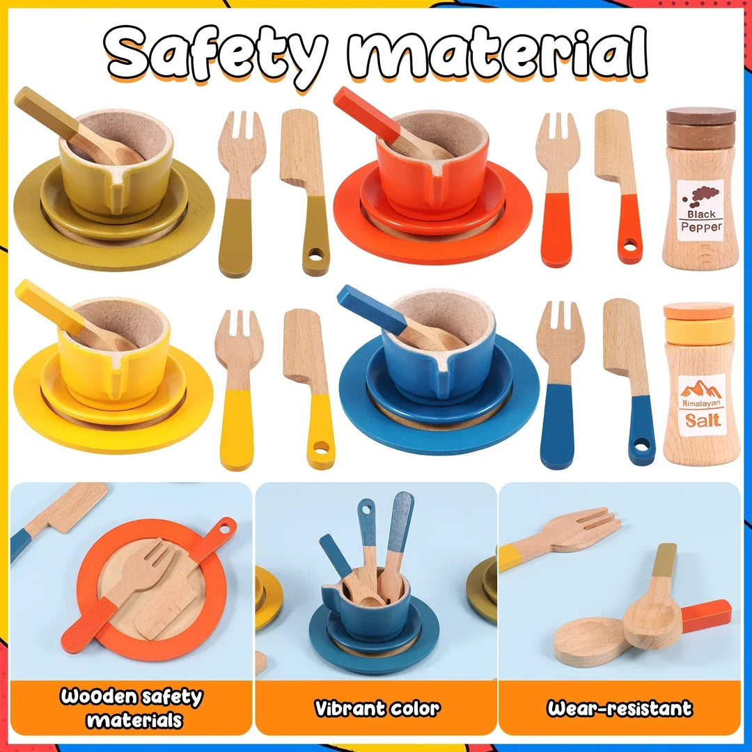 Four color-coordinated wooden place settings with utensils and two pretend ingredient jars