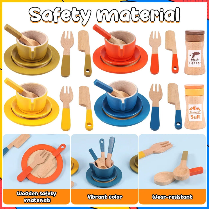 Four color-coordinated wooden place settings with utensils and two pretend ingredient jars