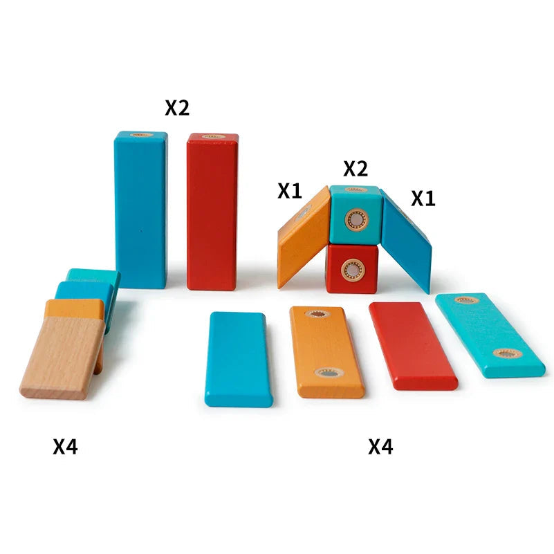 The 14 magnetic wooden building pieces laid out by shape and color