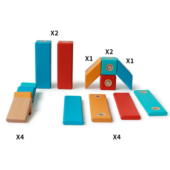 The 14 magnetic wooden building pieces laid out by shape and color