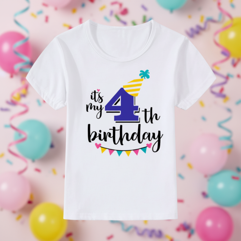 White fourth-birthday T-shirt with a blue number 4, yellow party hat, and colorful bunting