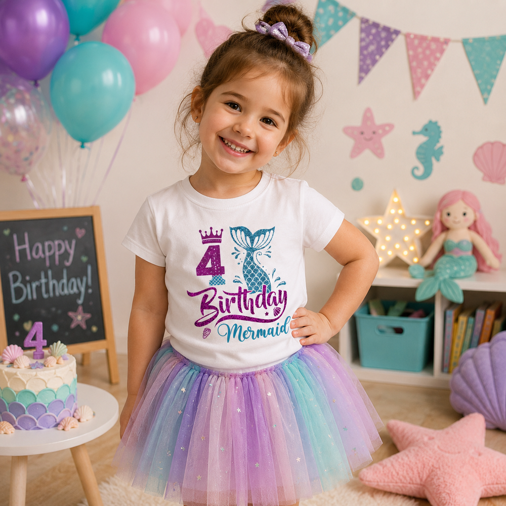 Child wearing a white fourth-birthday mermaid T-shirt with a pastel tutu at a party