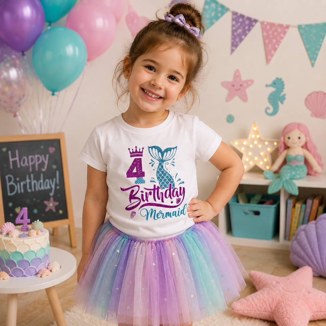 Child wearing a white fourth-birthday mermaid T-shirt with a pastel tutu at a party