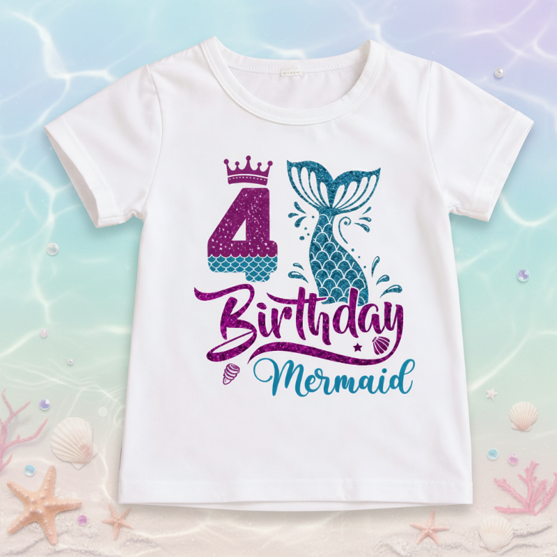 White fourth-birthday T-shirt with a purple number 4, crown, and teal mermaid tail
